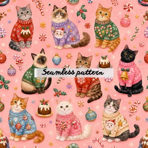 Christmas Cats Seamless Pattern JPG – Cute Holiday Kittens in Cozy Sweaters, Candy Canes, Christmas Puddings & Festive Winter Fabric Print
