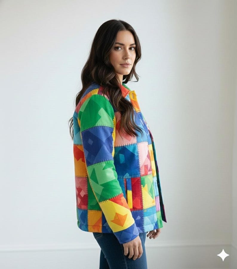 May include: A colorful patchwork jacket with a variety of geometric patterns in shades of blue, green, yellow, orange, and red. The jacket has a collared neckline and is worn open. The jacket is made of a quilted material.