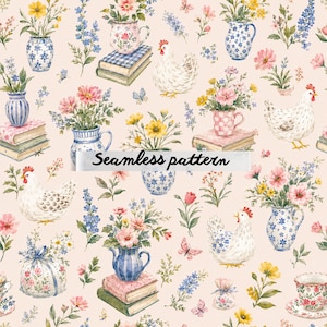 Pode incluir: Um padrão sem costura com ilustrações em aquarela de flores em vasos, galinhas, borboletas e livros. Os vasos têm desenhos florais azuis e brancos. O texto "Seamless pattern" está no centro da imagem. O fundo é rosa claro.