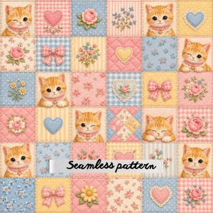 Peut inclure: Un motif répétitif composé d'une grille de carrés illustrant des chatons tigrés orange, des roses roses, des fleurs bleues, des cœurs et des nœuds. Le fond présente diverses textures pastel, notamment du vichy, du tissu matelassé et des imprimés floraux.