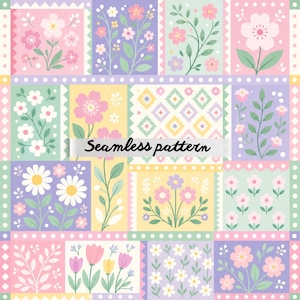 May include: A seamless pattern featuring floral designs in pastel colors. The pattern includes various flowers, leaves, and geometric shapes arranged in a grid. The text "Seamless pattern" is displayed across the center.