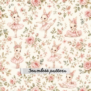 Pode incluir: Um padrão contínuo com ilustrações de coelhos vestindo tutus cor-de-rosa e adornos florais, intercalados com rosas cor-de-rosa e folhas verdes sobre um fundo creme. O texto "Seamless pattern" está impresso a preto no centro.