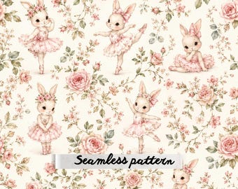 Ballerina Bunny Seamless Pattern JPG, Pink Ballet Rabbit Floral Fabric, Cottagecore Nursery Digital Paper