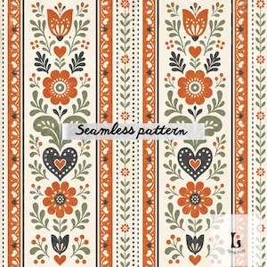 Pode incluir: Um padrão sem costura com um design floral repetido em laranja, preto e verde sobre um fundo branco sujo. O design inclui flores estilizadas, corações e folhas dispostas em listras verticais. O texto "Seamless pattern" é exibido.