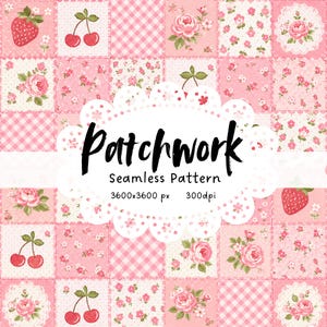 May include: A seamless patchwork pattern in shades of pink, featuring squares with strawberries, cherries, roses, and gingham. The text "Patchwork Seamless Pattern" is displayed on a white scalloped shape. The image resolution is 3600x3600 px at 300 dpi.