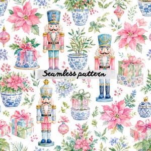 Pode incluir: Um padrão sem costura com ilustrações em aquarela de decorações de Natal. O design inclui poinsétias rosa, vasos de porcelana azul e branca, caixas de presente com laços e quebra-nozes. O texto "Seamless pattern" é exibido.
