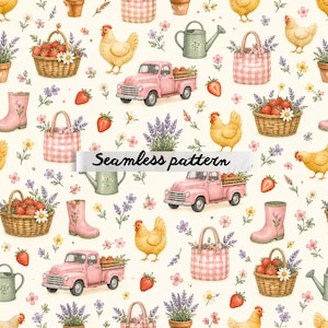 Puede incluir: Patrón sin costuras con ilustraciones en acuarela de una camioneta rosa, gallinas, fresas, cestas, regaderas y flores. El texto "Seamless pattern" se muestra. El diseño tiene una estética de granja o cottagecore.