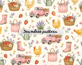 Motivo rustico vintage senza soluzione di continuità PNG | Carta digitale con galline ad acquerello, fragole e fiori | Stampa ripetuta con camioncino rosa in stile cottagecore JPG