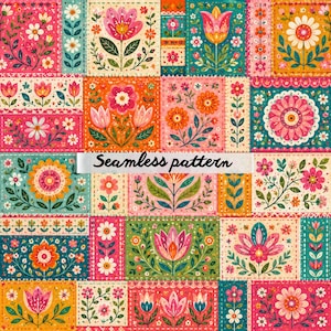 May include: A colorful seamless pattern featuring floral designs in a patchwork style. The pattern includes various flowers in shades of pink, orange, teal, and yellow, with green leaves and stems. The text "Seamless pattern" is displayed across the image.