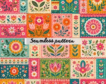 Patchwork Seamless Pattern, Cottagecore Floral Digital Paper for Fabric, Scrapbook & Crafts