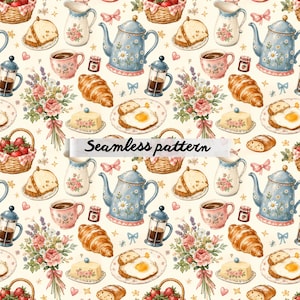 Pode incluir: Um padrão sem costura com elementos de pequeno-almoço: croissants, ovos, pão, café e morangos. Chaleiras azuis, bouquets de flores e cestos também estão incluídos. O texto "Seamless pattern" é exibido.