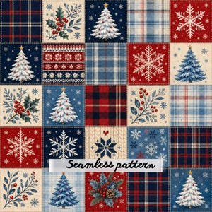 Christmas Patchwork Quilt Seamless Pattern, Red Blue Plaid Holiday Blocks, Snowflakes Christmas Trees Berry Branches, Cozy Winter Fabric JPG