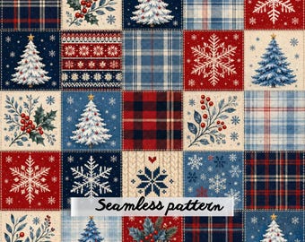 May include: A seamless pattern featuring a grid of squares with Christmas themes including white and blue Christmas trees, red and white snowflakes, holly berries, and various red, blue, and white plaid fabric textures with the text Seamless pattern.