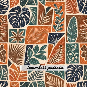 May include: A seamless pattern featuring a geometric arrangement of rectangular and triangular blocks filled with hand-drawn botanical illustrations of various leaves and foliage in shades of dark blue, terracotta orange, and teal on a cream background.