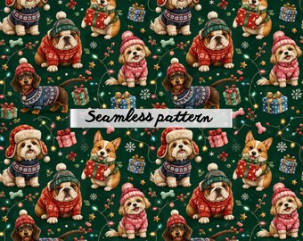Nahtloses Weihnachtsmuster mit Hunden (JPG) – Niedliche Hundepullover für die Feiertage, festliche Geschenkboxen und kuschelige Winter-Haustiermotive für Stoffe und Tapeten