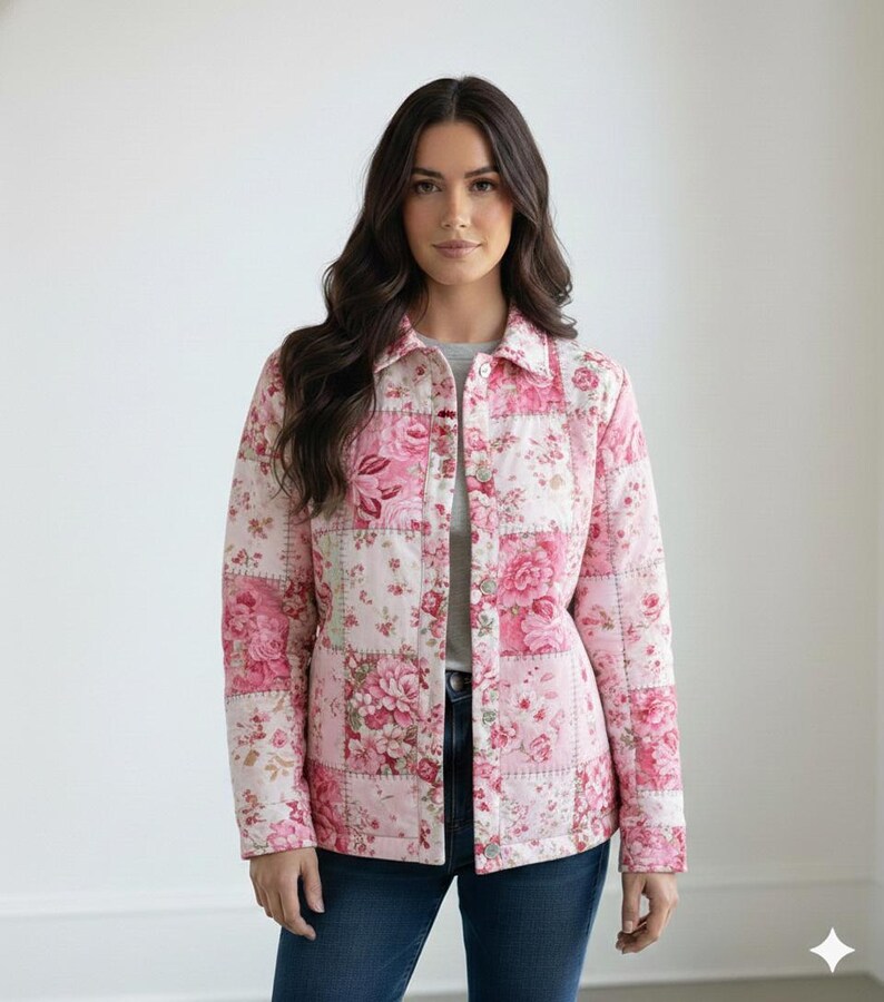 May include: A quilted jacket featuring a patchwork design with pink floral patterns on a white background. The jacket has a button-up front, a collared neckline, and long sleeves. The model is wearing blue jeans and a gray shirt underneath.
