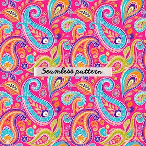 Könnte beinhalten: Ein lebendiges nahtloses Muster mit großen Paisley-Designs in Türkis, Orange, Lila und Grün auf einem leuchtend pinkfarbenen Hintergrund. Der Text "Seamless pattern" wird in einem weißen Banner angezeigt.