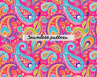 Paisley Seamless Pattern JPG, Boho Floral Digital Paper, Bright Pink Retro Fabric Print, Colorful Hippie Background, Seamless Textile Design