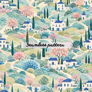 Pode incluir: Um padrão sem costura com uma paisagem pitoresca com colinas, casas brancas com telhados azuis e vegetação exuberante. Árvores rosa e verdes pontilham a cena, com o texto "Seamless pattern".