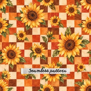May include: A seamless pattern featuring a checkered background of alternating light orange, dark orange, and brown squares. The design is decorated with various yellow sunflowers and green leaves. A white banner displays the text Seamless pattern.