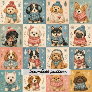 Speels patchworkpatroon met winterhonden | Schattige puppy quiltblokken | Gezellige kerststof | Digitaal behang voor de kinderkamer