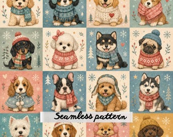 Whimsical Winter Dogs Patchwork Seamless Pattern | Cute Puppy Quilt Blocks | Cozy Christmas Fabric | Nursery Digital Paper