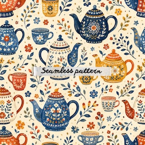 May include: Seamless pattern featuring a repeating design of teapots, teacups, and floral elements in shades of blue, orange, and yellow. The text "Seamless pattern" is displayed across the image. The background is a cream color.