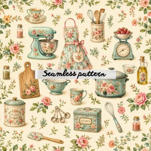 May include: A seamless pattern featuring kitchen items including a stand mixer, apron, scale with strawberries, slow cooker, flour canister, recipe box, colander, mugs, measuring spoons, whisk, spatula, cutting board, and oil bottle with floral motifs.