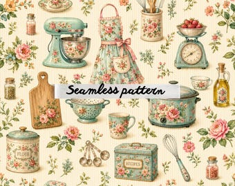 Motivo senza cuciture per cucina in stile cottage vintage JPG, motivo floreale rosa ripetuto per la cottura, design da cucina in stile rustico chic