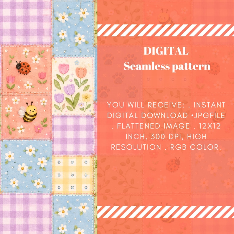 Może przedstawiać: Cyfrowy bezszwowy wz&oacute;r z patchworkiem. Wz&oacute;r zawiera kwadraty z ilustracjami kwiat&oacute;w, pszcz&oacute;ł i biedronek. Tekst "DIGITAL Seamless pattern" jest wyświetlany na pomarańczowym tle.
