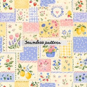 Pode incluir: Um padrão sem costura com um design de patchwork, apresentando motivos florais e frutados. O design inclui morangos, limões e várias flores em tons de rosa, azul e amarelo. O texto "Seamless pattern" é exibido.