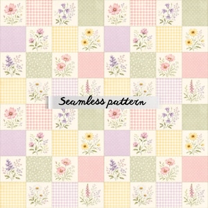May include: A seamless pattern featuring a grid of alternating squares. Some squares display delicate watercolor-style floral bouquets in pink, yellow, and purple, while others feature soft pastel gingham checks or small white polka dots on solid backgrounds.