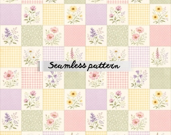 Nahtloses Patchworkmuster mit pastellfarbenen Wildblumen (JPG) – Cottagecore-Blumenquilt, sanfte Vichy-Karomuster, Vintage-Wiesenblumen & Shabby Chic