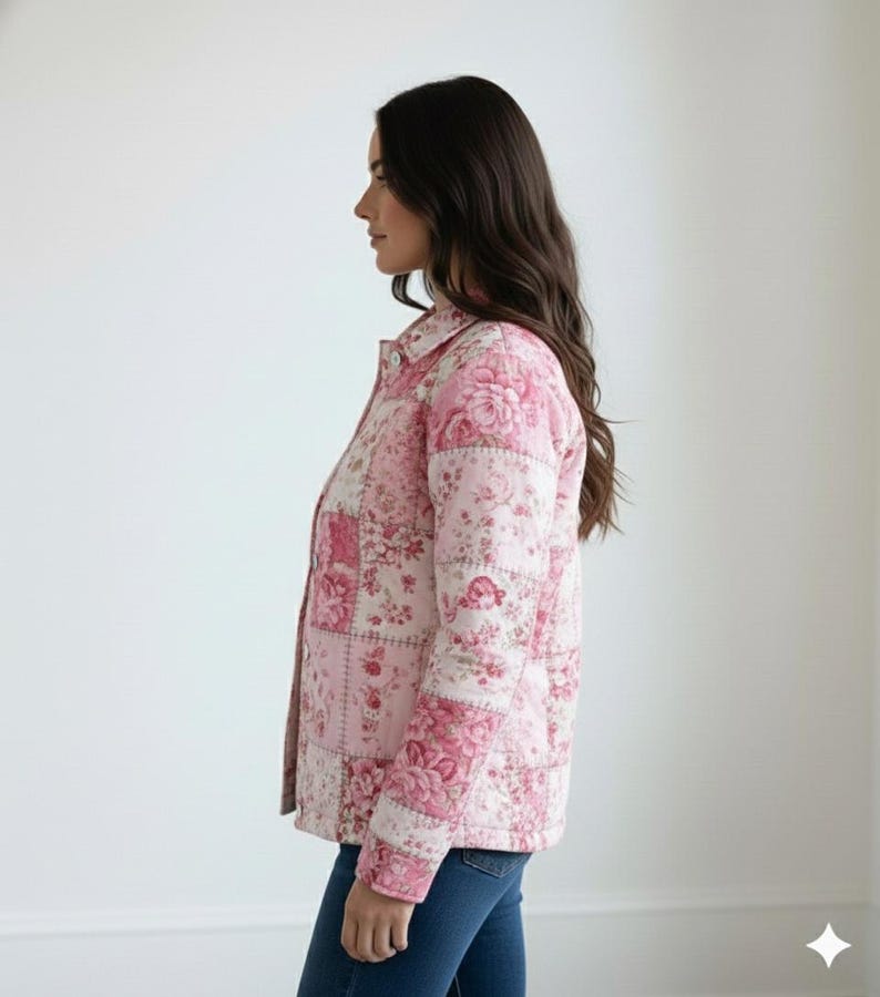 May include: A pink floral patchwork jacket with a button-down front. The jacket features a variety of floral patterns in shades of pink and white. The jacket is worn with blue jeans.
