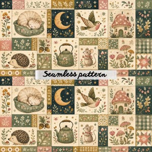 Motivo patchwork senza cuciture Woodland Cottage JPG – Animali del bosco fantasiosi, casette a forma di fungo, blocchi di trapunte folk e tessuto accogliente in stile cottagecore
