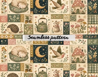 Motivo patchwork senza cuciture Woodland Cottage JPG – Animali del bosco fantasiosi, casette a forma di fungo, blocchi di trapunte folk e tessuto accogliente in stile cottagecore