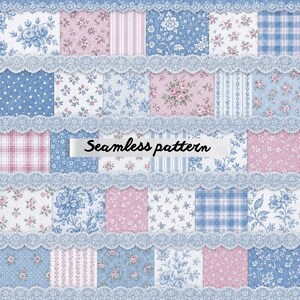 May include: A digital collage of square fabric swatches featuring blue and pink floral, plaid, striped, and star patterns, separated by horizontal strips of intricate white lace trim. The text Seamless pattern is centered on the image.