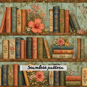 Pode incluir: Um padrão de papel de parede sem costuras com filas de livros antigos em prateleiras de madeira, decorados com ilustrações florais e grandes flores de hibisco. O fundo consiste em tábuas de madeira azul-claro com trepadeiras.