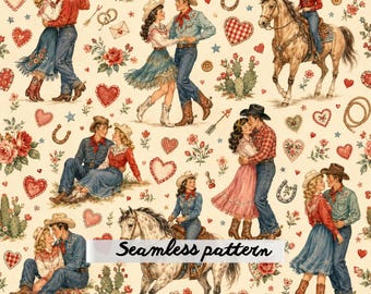 Vintage Western Valentine Cowboy Couples Seamless Pattern | Romantic Cowgirl Fabric | Country Love | Western Hearts | Digital Paper