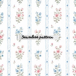 May include: A seamless pattern featuring watercolour floral bouquets in pink and blue, interspersed with vertical blue striped accents on a white background. The text "Seamless pattern" is displayed across the image.
