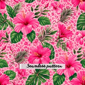 May include: A seamless pattern featuring vibrant pink hibiscus flowers and lush green tropical palm leaves set against a soft pink leopard print background. The text Seamless pattern is printed in black across the center of the design.