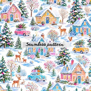 Op de afbeelding: Een naadloos aquarelpatroon met kleurrijke huizen, auto's met kerstbomen, herten en met sneeuw bedekte bomen. De tekst "Seamless pattern" wordt weergegeven. De huizen zijn roze, geel en blauw.