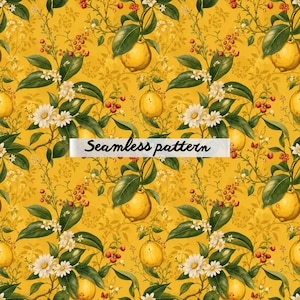 Puede incluir: Patrón sin costuras con limones amarillos, margaritas blancas y bayas rojas sobre un fondo amarillo dorado. El diseño incluye hojas verdes y el texto "Seamless pattern" en una pancarta blanca. Adecuado para diversas aplicaciones.