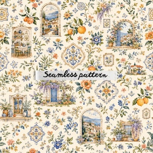 May include: A seamless pattern featuring a cream background with illustrations of Mediterranean coastal scenes, arched windows, blue and yellow decorative tiles, orange fruit branches, and floral arrangements with blue and orange blossoms.
