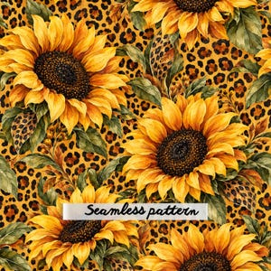 May include: A seamless pattern featuring large yellow sunflowers with dark brown centers and green leaves layered over a brown and black leopard print background. The text "Seamless pattern" is printed in black across the center of the image.