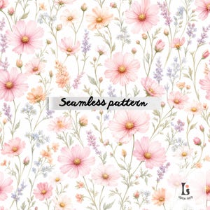 Puede incluir: Un patrón sin costuras con flores de acuarela en tonos rosa, melocotón y blanco, con tallos y hojas verdes. El texto "Seamless pattern" se muestra en la imagen.