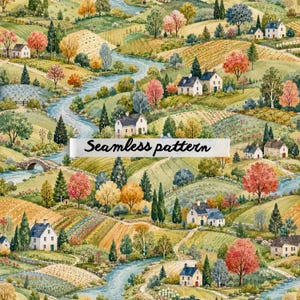 May include: A seamless pattern featuring a rolling countryside landscape with winding rivers, green hills, agricultural fields, and white houses. The scene includes various trees in shades of green, orange, and pink, with the text Seamless pattern.