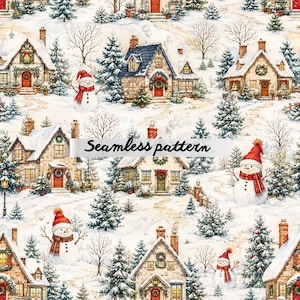 May include: Seamless pattern featuring a winter village scene with snow-covered houses, evergreen trees, and snowmen wearing red hats and scarves. The houses have wreaths on the doors and are surrounded by snow. The text "Seamless pattern" is displayed.