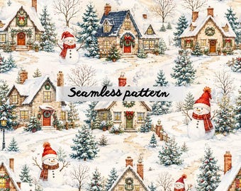 Winter Village Seamless Pattern JPG, Cozy Christmas Cottage Watercolor Repeat, Snowman Holiday Fabric Print, Winter Wonderland Design