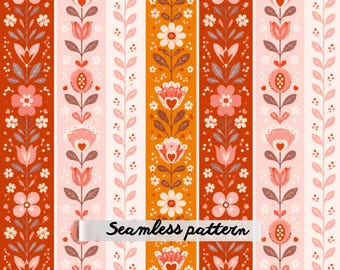 Scandinavian Folk Floral Stripe Seamless Pattern, Retro Nordic Flower Stripe, Pink Orange Boho Fabric Design JPG
